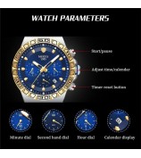 NIBOSI 2661 Stylish Steel Strap Quartz Watch Men Luminous Calendar Wrist Watch - Silver+Gold Strap / Blue Dial