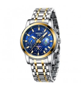 NIBOSI 2651 Stylish Steel Strap Quartz Watch 3 Small Dials Luminous Men Wrist Watch - Silver+Gold Strap / Blue Dial