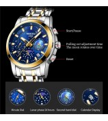 NIBOSI 2651 Stylish Steel Strap Quartz Watch 3 Small Dials Luminous Men Wrist Watch - Silver+Gold Strap / Blue Dial