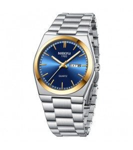 NIBOSI 2658 Stylish Steel Strap Men Wrist Watch Luminous Calendar Quartz Watch - Gold+Blue