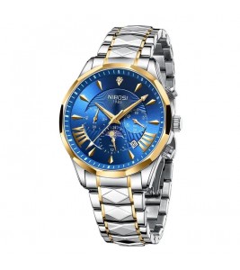 NIBOSI 2659 Business Casual Men Wrist Watch Steel Strap Luminous Calendar Quartz Watch - Silver+Gold Strap / Blue Dial