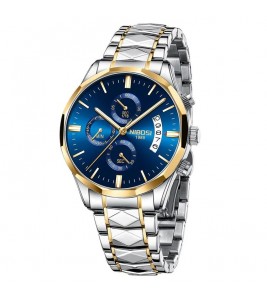 NIBOSI 2655 Stylish Business Men Steel Strap Quartz Watch Luminous Calendar Wrist Watch - Silver+Gold Strap / Blue Dial