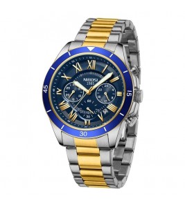 NIBOSI 2652 Stylish Steel Strap Men Quartz Watch 3 Sub-Dials Luminous Wrist Watch - Silver+Gold Strap / Blue Dial