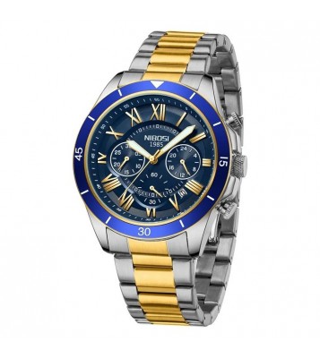 NIBOSI 2652 Stylish Steel Strap Men Quartz Watch 3 Sub-Dials Luminous Wrist Watch - Silver+Gold Strap / Blue Dial