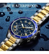 NIBOSI 2652 Stylish Steel Strap Men Quartz Watch 3 Sub-Dials Luminous Wrist Watch - Silver+Gold Strap / Blue Dial