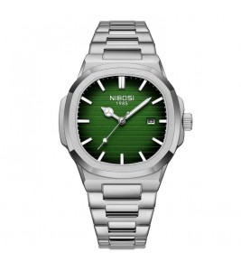 NIBOSI 2632 Stylish Men Wrist Watch Steel Strap Luminous Calendar Quartz Watch - Silver Strap / Green Dial