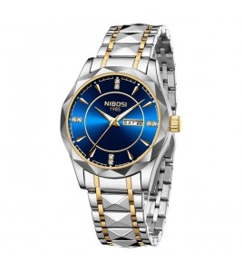 NIBOSI 2625 Stylish Rhinestone Decor Steel Strap Men Watch Luminous Calendar Quartz Watch - Silver+Gold Strap / Blue Dial