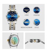 NIBOSI 2625 Stylish Rhinestone Decor Steel Strap Men Watch Luminous Calendar Quartz Watch - Silver+Gold Strap / Blue Dial