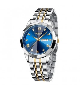 NIBOSI 2623 Stylish Rhinestone Decor Men Watch Steel Strap Luminous Calendar Quartz Watch - Silver+Gold Strap / Blue Dial