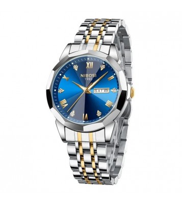NIBOSI 2623 Stylish Rhinestone Decor Men Watch Steel Strap Luminous Calendar Quartz Watch - Silver+Gold Strap / Blue Dial