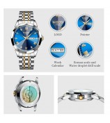 NIBOSI 2623 Stylish Rhinestone Decor Men Watch Steel Strap Luminous Calendar Quartz Watch - Silver+Gold Strap / Blue Dial