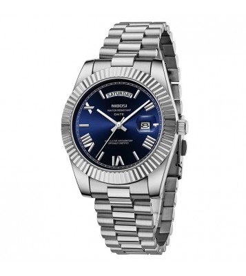 NIBOSI 2628 Fashion Men Steel Strap Calendar Quartz Watch - Silver Strap / Blue Dial