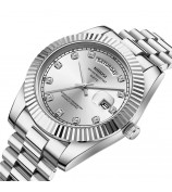 NIBOSI 2627 Rhinestone Decor Men Steel Strap Calendar Quartz Watch - Silver Strap / White Dial