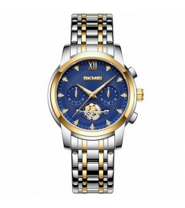 SKMEI 7078 Stylish Men Wrist Watch Waterproof Luminous Quartz Watch - Silver+Gold Strap / Blue Dial