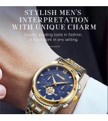 SKMEI 7078 Stylish Men Wrist Watch Waterproof Luminous Quartz Watch - Silver+Gold Strap / Blue Dial