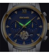 SKMEI 7078 Stylish Men Wrist Watch Waterproof Luminous Quartz Watch - Silver+Gold Strap / Blue Dial