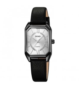 SKMEI 2238 Women Quartz Watch Leather Strap Square Wrist Watch - Black Case / Silver Dial