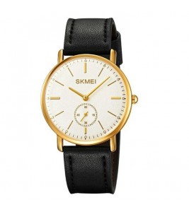 SKMEI 2308 Simple Stylish Leather Strap Round Quartz Watch - Gold