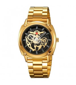 SKMEI 2293 Mechanical Style Men Steel Strap Hollow Quartz Watch - Gold