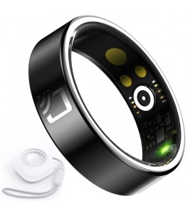 R20 Ceramic+Resin Sleep Heart Rate Health Monitoring Smart Ring with Charging Case - Black / Size 7