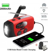 HY-071 Emergency Hand Crank Solar Weather Radio Flashlight AM FM NOAA Radio 2000mAh Power Bank Phone Charger - Red