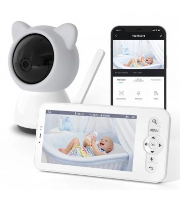 BABY5 5 inch Display Baby Monitor Watcher Dual Channel Camera Monitor Support Two-Way Voice, APP Remote - Grey / US Plug