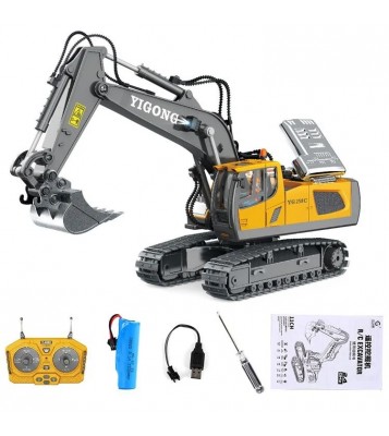 BC1043 11-Channel 2.4G RC Excavator 1 / 20 Scale Remote Control Excavator Metal Construction Vehicle Tractor Toys for Boys and Girls - Yellow / Grey