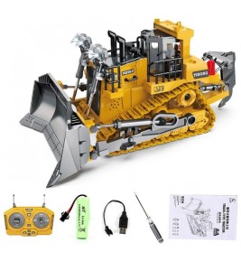 BC1045 Alloy RC Bulldozer 1 / 24 Scale 2.4G 9-Channel Dozer Front Loader Toy Metal Construction Vehicle with Light Sound for Kids