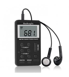 HanRongDa HRD-103 Portable AM FM Digital Radio Rechargeable LCD Screen 2 Band Stereo Receiver Pocket Radio with Earphone and Lanyard - Black